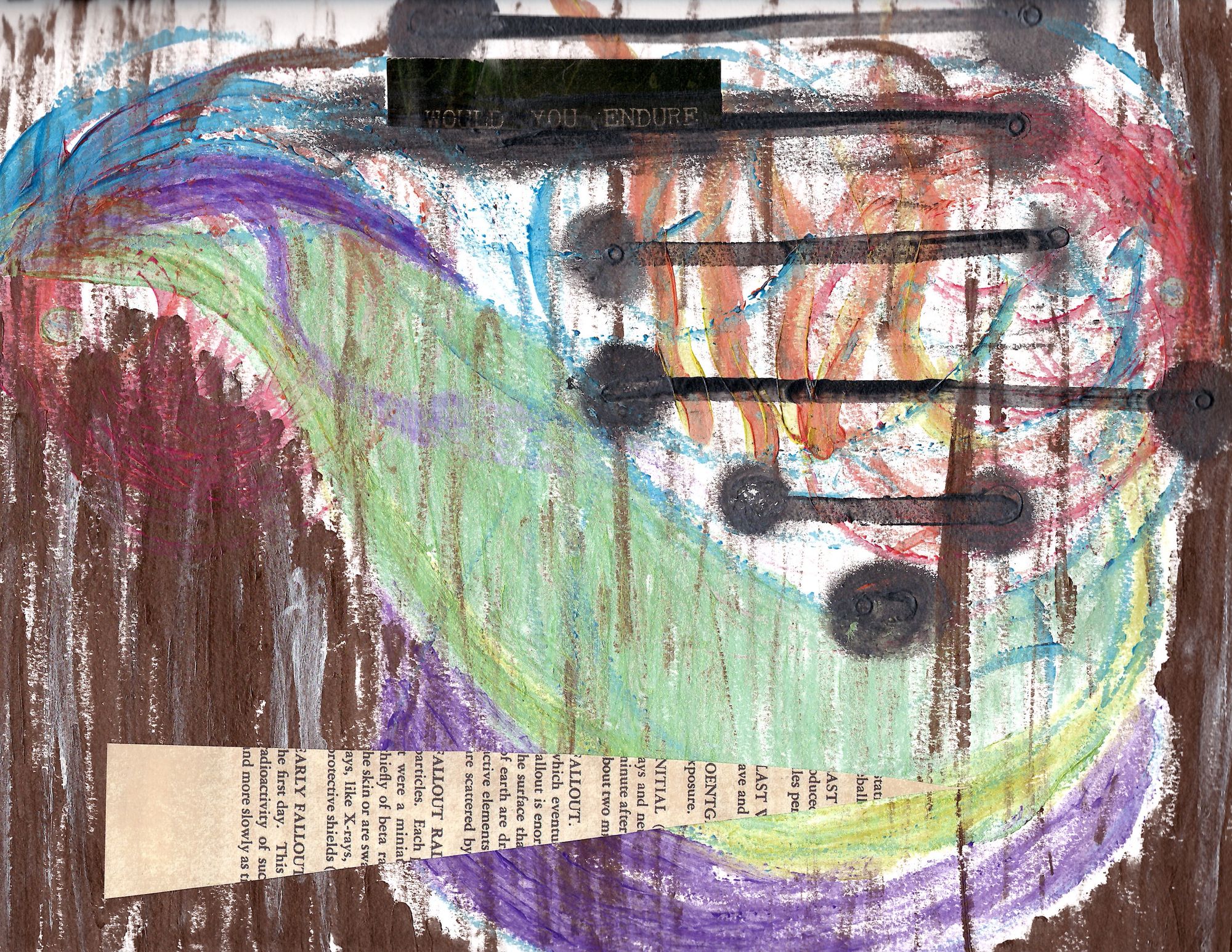 colors stream across a brown background streaked with vertical white; fire at top-right, fenced by black lines. at top: text, "would you endure." at bottom: sideways cut-out of a text on surviving nuclear war.