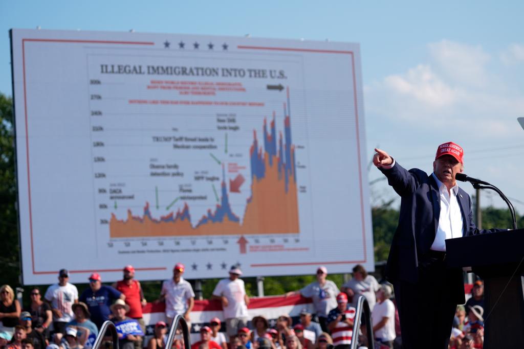 Photo of the 45th president of the so-called United States emoting at a podium while pointing during one of his political rallies on July 13, 2024, moments before he is shot. He, like the crowd behind him, is white, and dons a red MAKE AMERICA GREAT AGAIN hat. Behind him is a large screen with a white background on which is displayed a compound line graph titled ILLEGAL IMMIGRATION INTO THE US. The bottom layer of the compound line graph is the largest, and is filled in with orange. The graph looks almost like the flame of a fire.